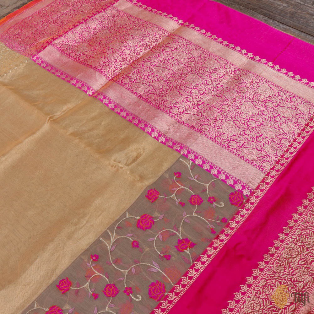Gold-Pink Pure Kora Silk Tissue Banarasi Handloom Saree