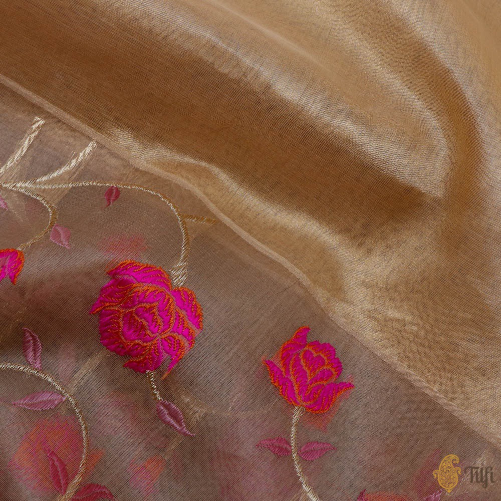 Gold-Pink Pure Kora Silk Tissue Banarasi Handloom Saree