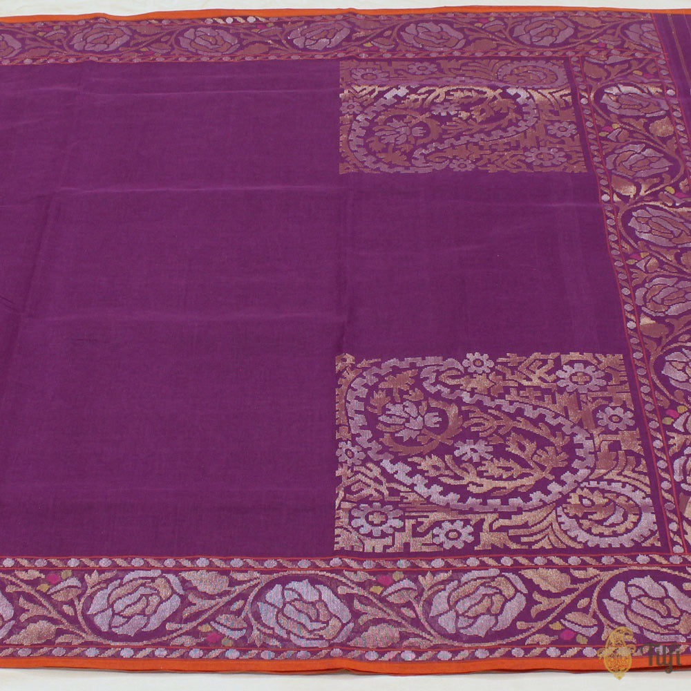 Purple Pure Cotton Real Zari Banarasi Handloom Jamdani Saree