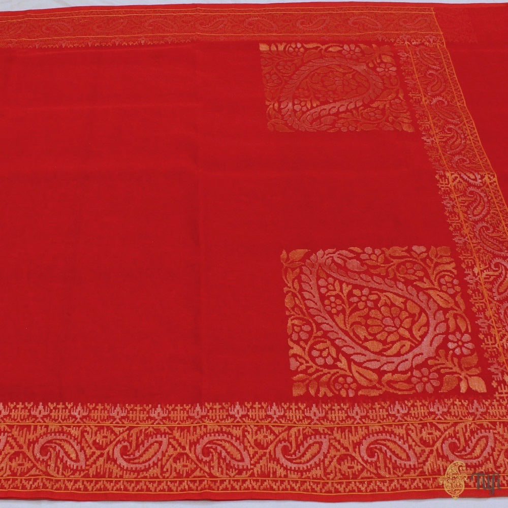 Red Pure Cotton Real Zari Banarasi Handloom Jamdani Saree