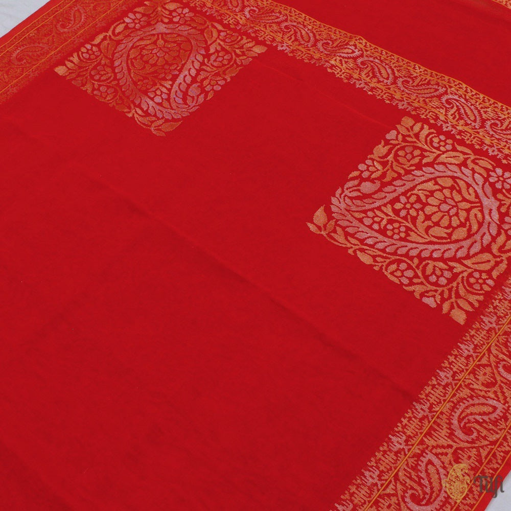Red Pure Cotton Real Zari Banarasi Handloom Jamdani Saree