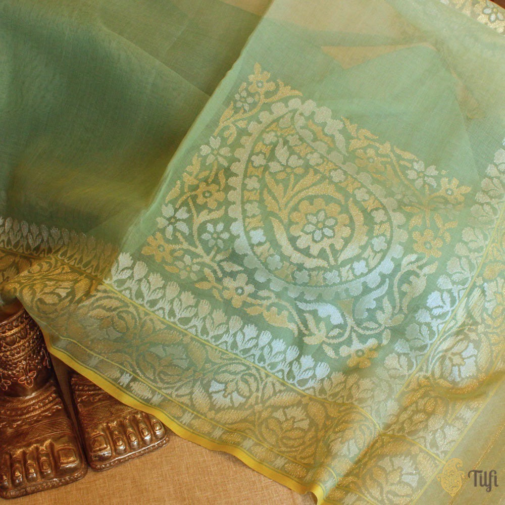 Lido Green Pure Cotton Real Zari Banarasi Handloom Jamdani Saree