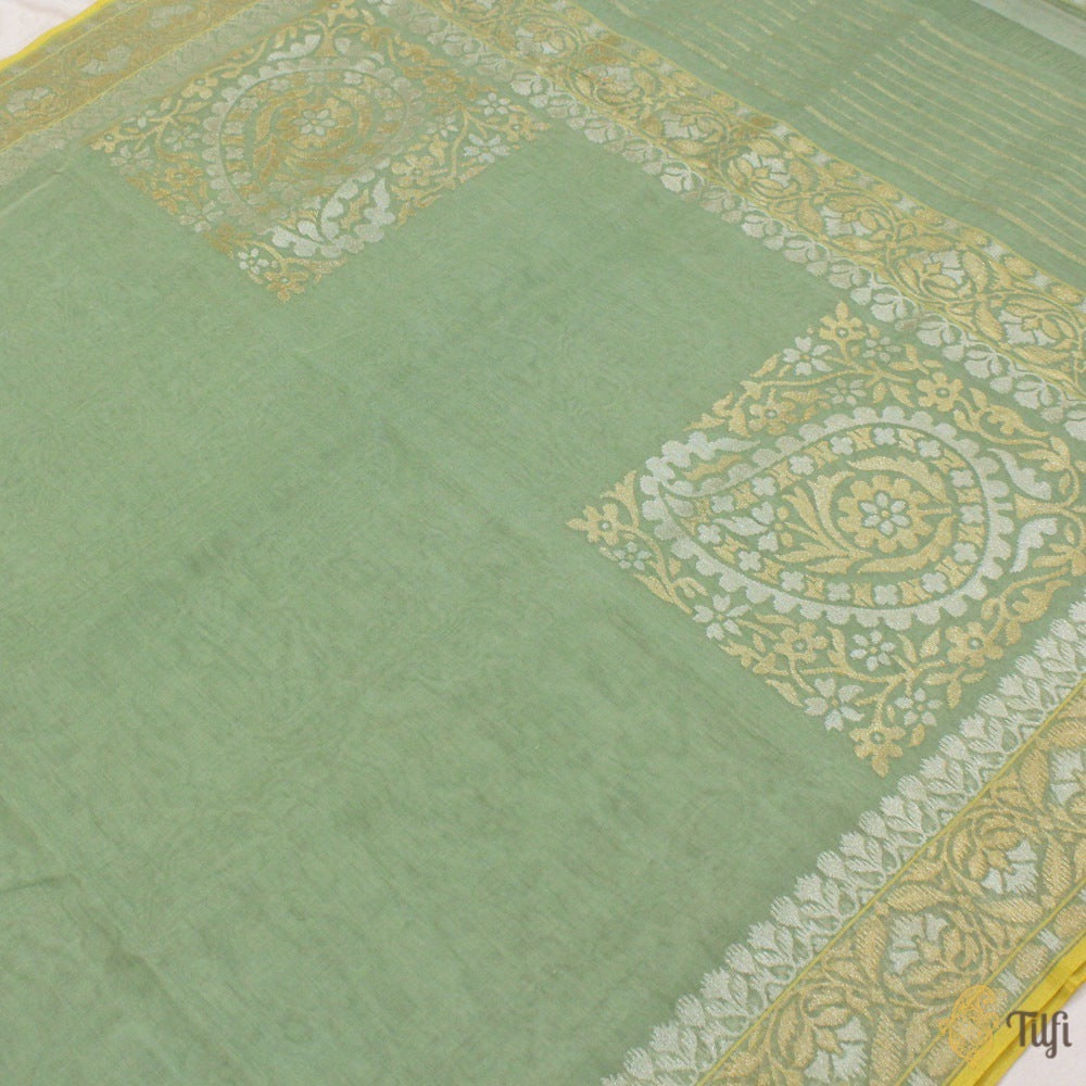 Lido Green Pure Cotton Real Zari Banarasi Handloom Jamdani Saree