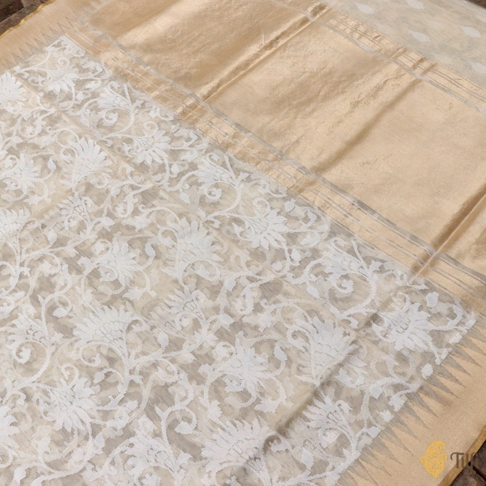 Off-White Pure Kora Silk Net Banarasi Handloom Saree