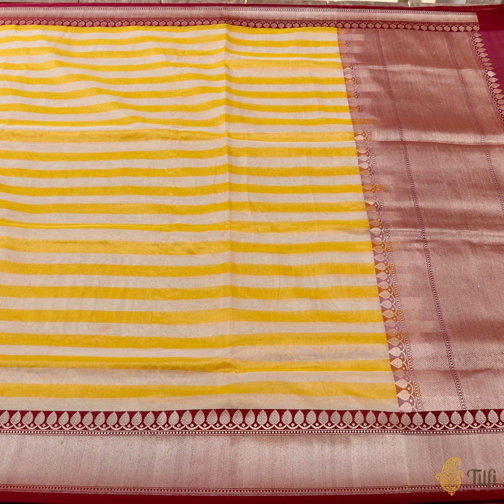 Off-White-Yellow Pure Cotton Tissue Banarasi Handloom Saree