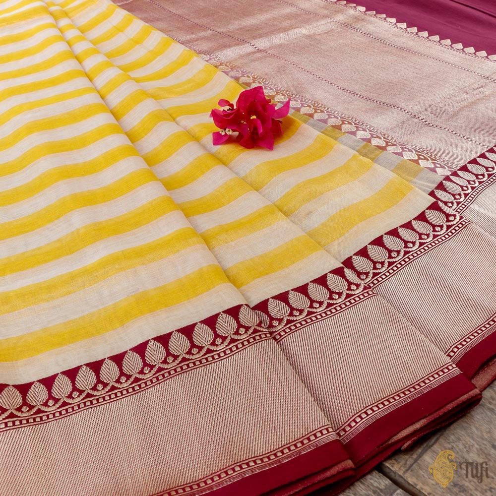 Off-White-Yellow Pure Cotton Tissue Banarasi Handloom Saree