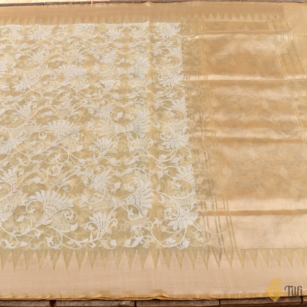 Ivory Yellow Pure Kora Silk Net Banarasi Handloom Saree