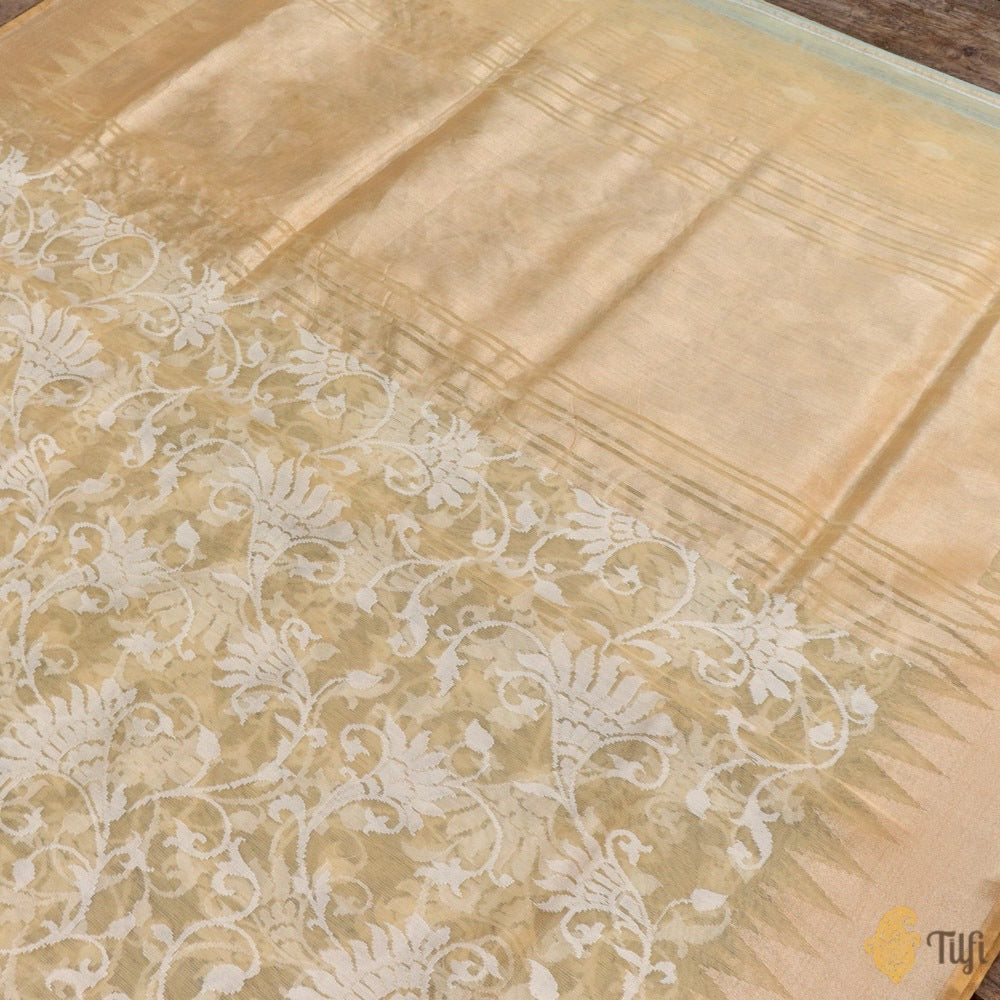 Ivory Yellow Pure Kora Silk Net Banarasi Handloom Saree
