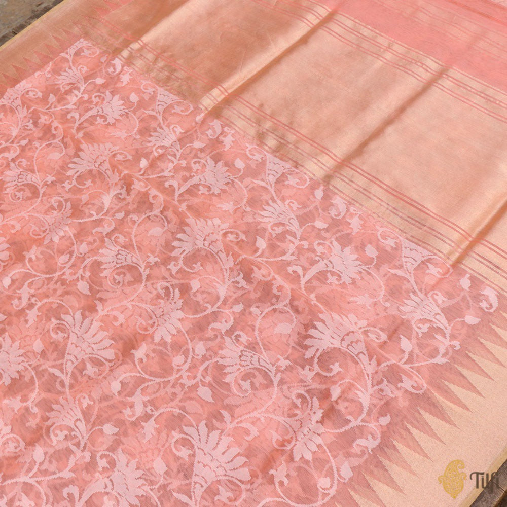 Coral Peach Pure Kora Silk Net Banarasi Handloom Saree