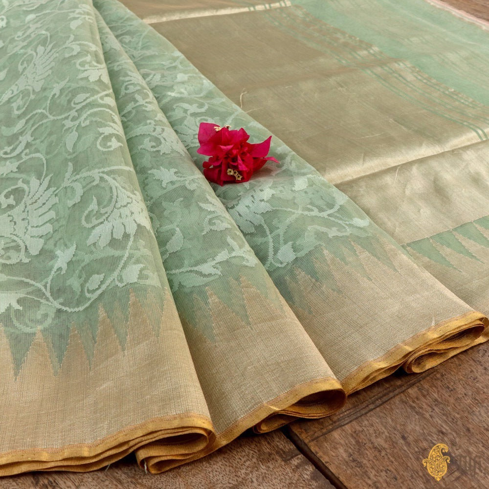Light Sage Green Pure Kora Silk Net Banarasi Handloom Saree