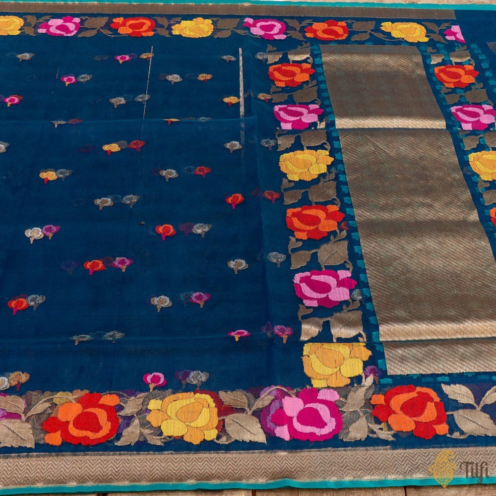 Navy Blue Pure Kora Silk Net Banarasi Handloom Saree