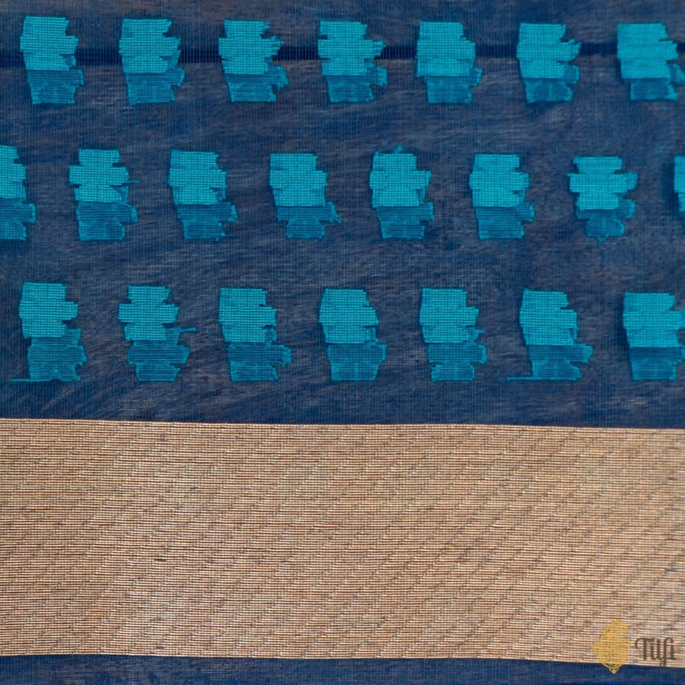 Navy Blue Pure Kora Silk Net Banarasi Handloom Saree