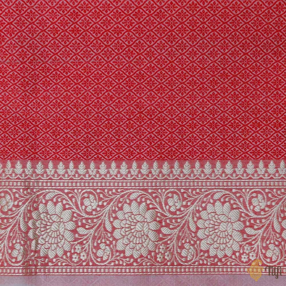 Off-White-Red Pure Kora Silk Banarasi Handloom Saree