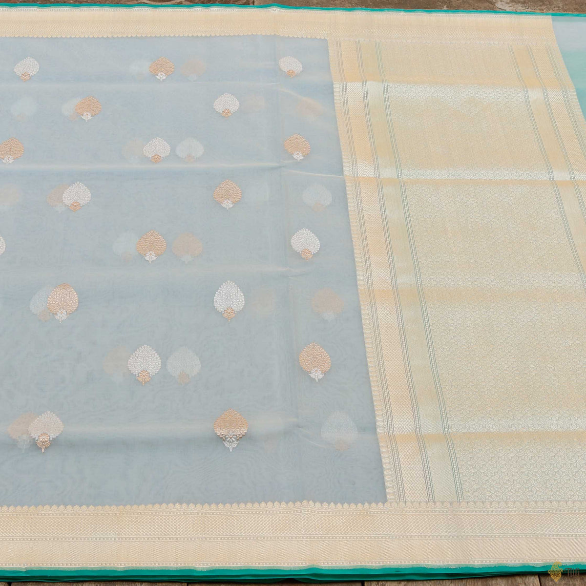 Light Powder Blue Pure Kora Silk Handwoven Banarasi Saree