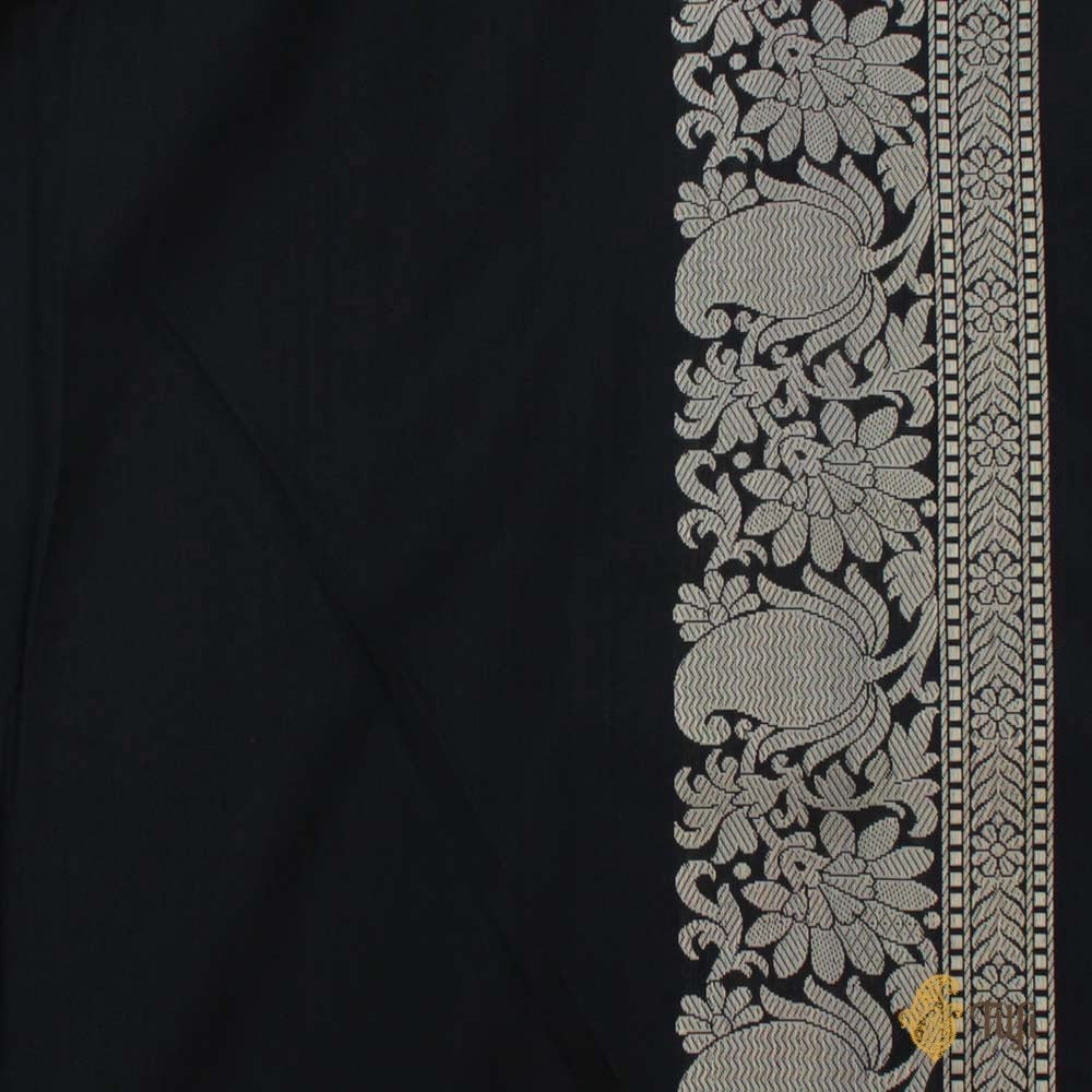 Off White-Black Pure Katan Silk Banarasi Handloom Saree