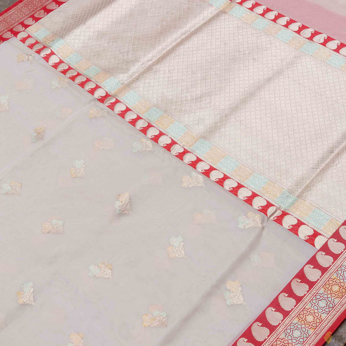 Off-White-Red Pure Kora Silk Banarasi Handloom Saree