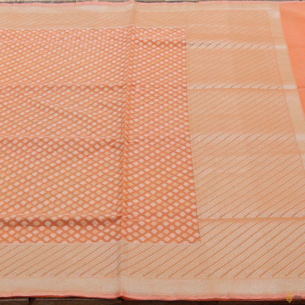 Apricot Peach Pure Kora Silk by Cotton Banarasi Handloom Saree