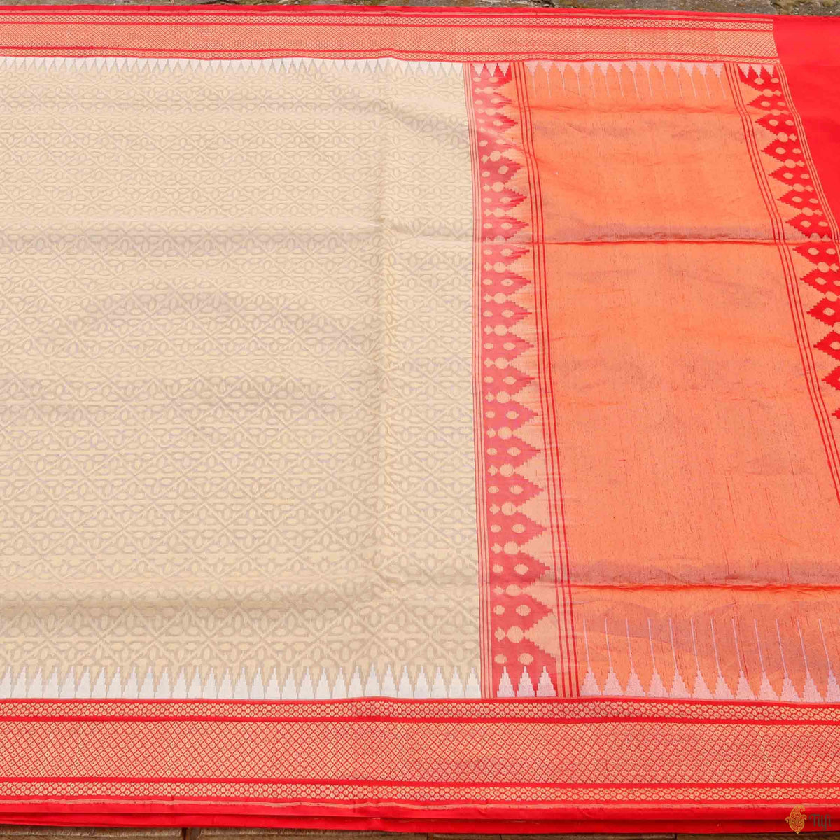 Beige-Red Pure Kora Silk Net Handwoven Banarasi Saree