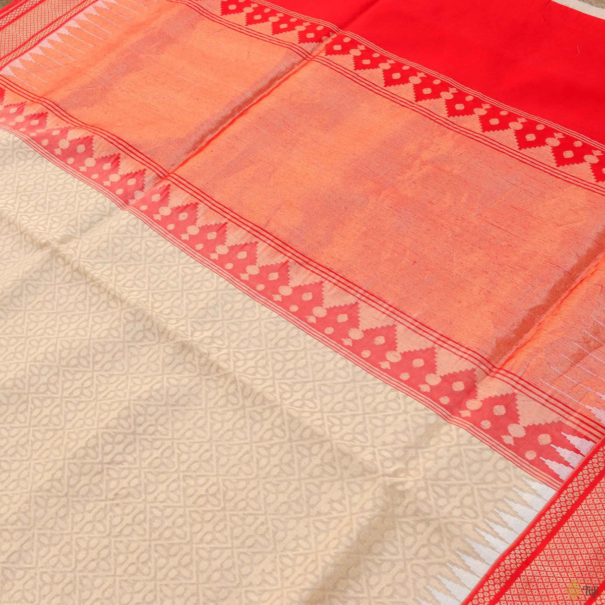 Beige-Red Pure Kora Silk Net Handwoven Banarasi Saree
