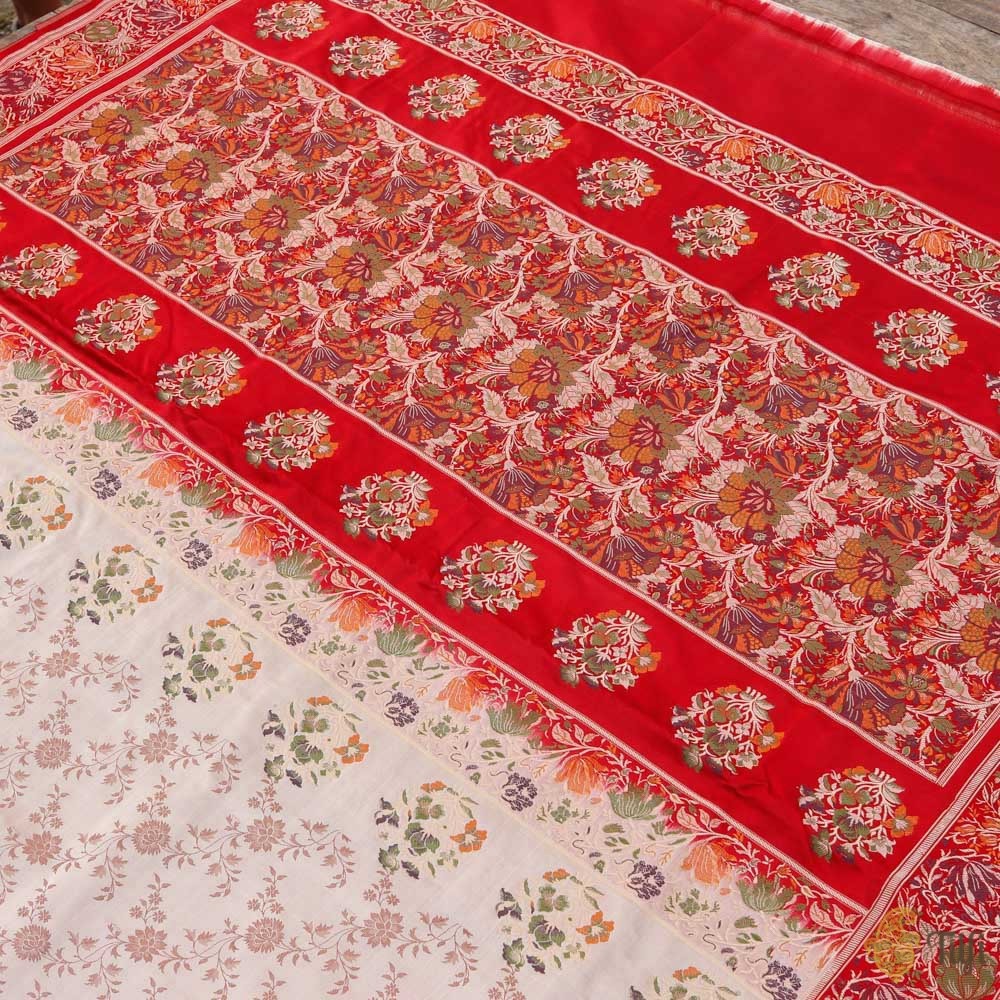 Beige-Red Pure Satin Silk Banarasi Valkalam Handloom Saree