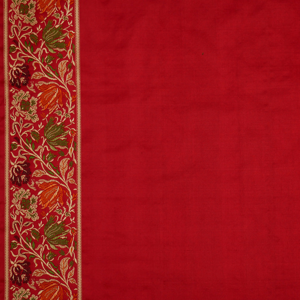 Beige-Red Pure Satin Silk Banarasi Valkalam Handloom Saree