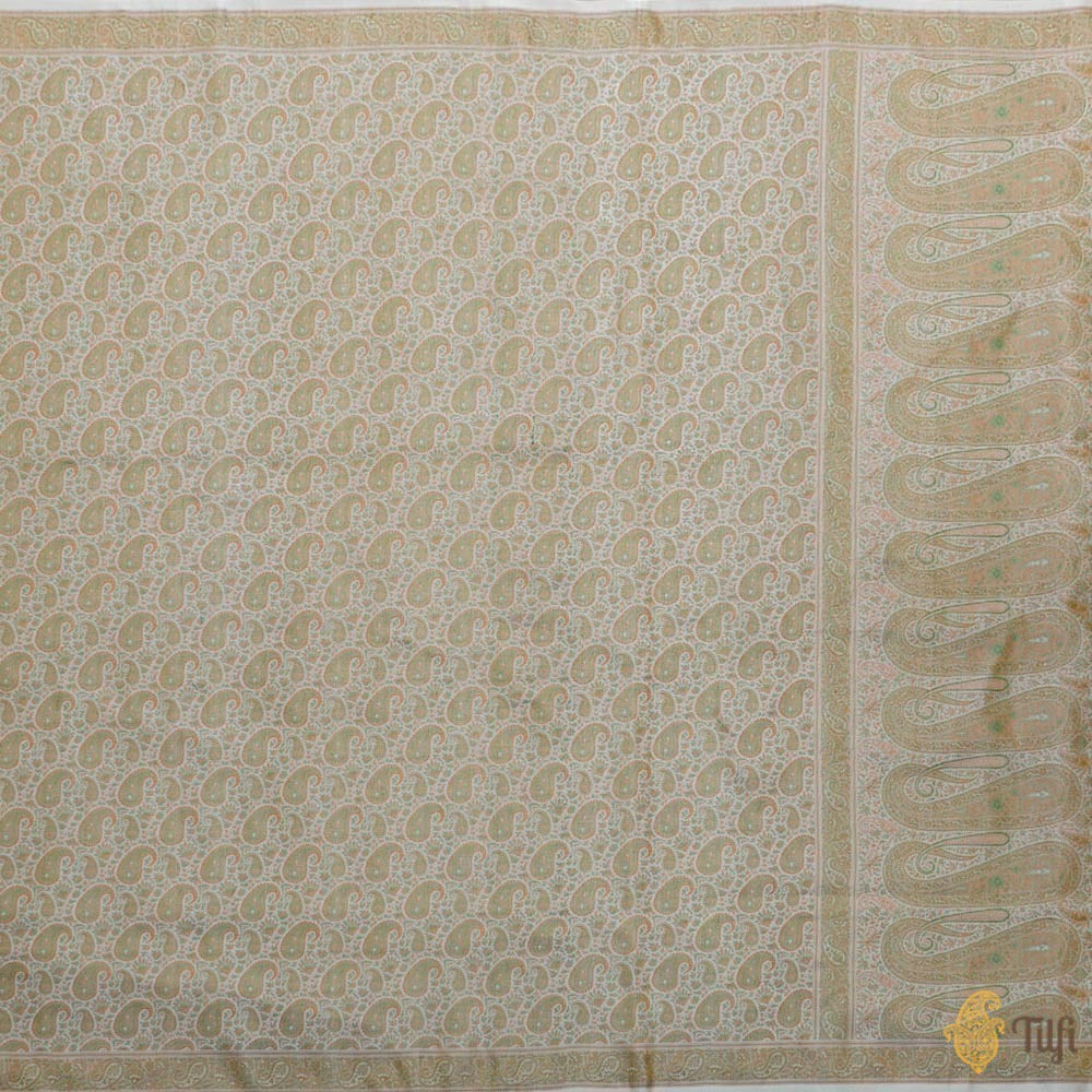 Off-White Pure Soft Satin Silk Tanchoi Jamawar Banarasi Handloom Saree