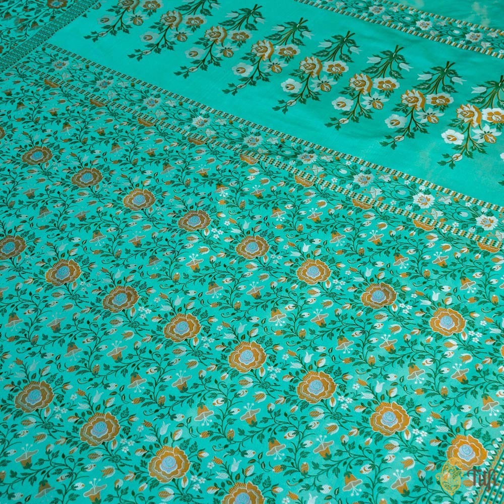 Aqua Green Pure Soft Satin Silk Banarasi Handloom Saree