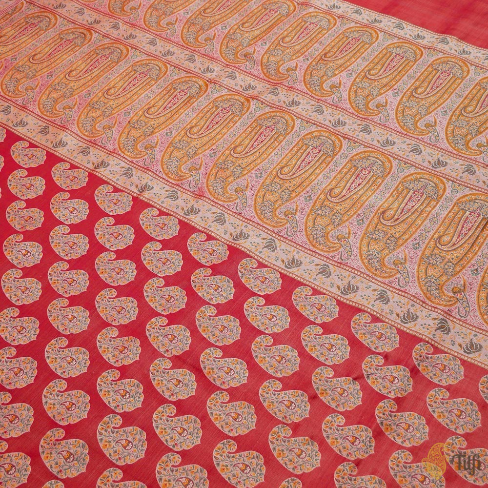 Reddish Maroon Pure Soft Satin Silk Tanchoi Jamawar Banarasi Handloom Saree