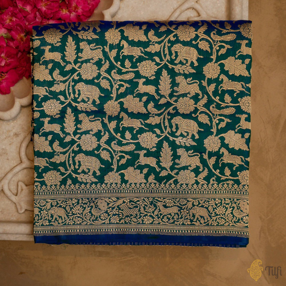 Royal Blue-Green Pure Katan Silk Banarasi Shikaargah Handloom Saree