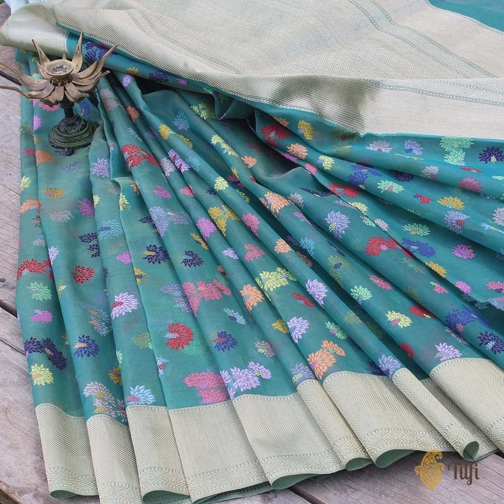 Teal Green Pure Kora Silk Banarasi Handloom Kadwa Saree