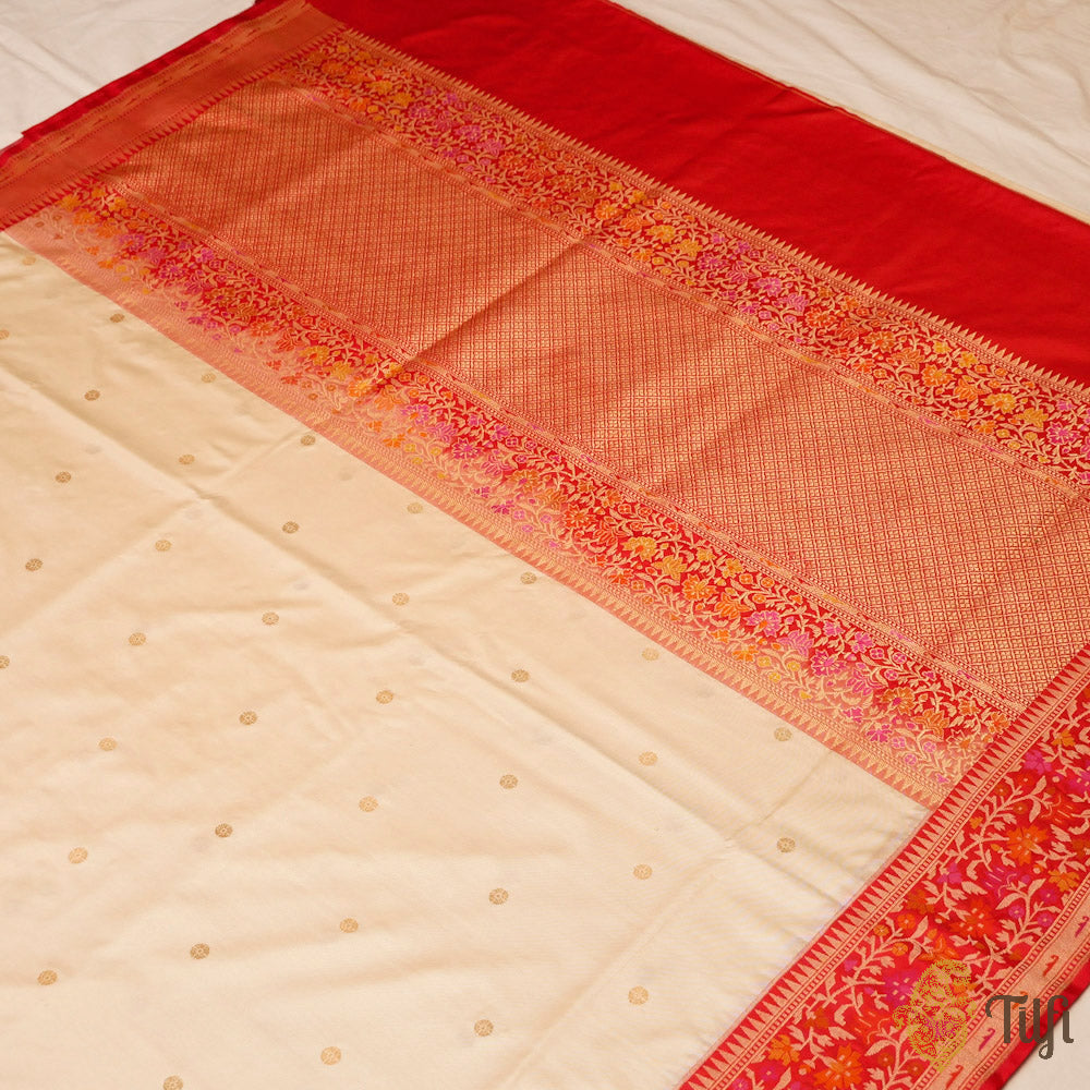 Off-White Red Pure Katan Silk Banarasi Handloom Saree