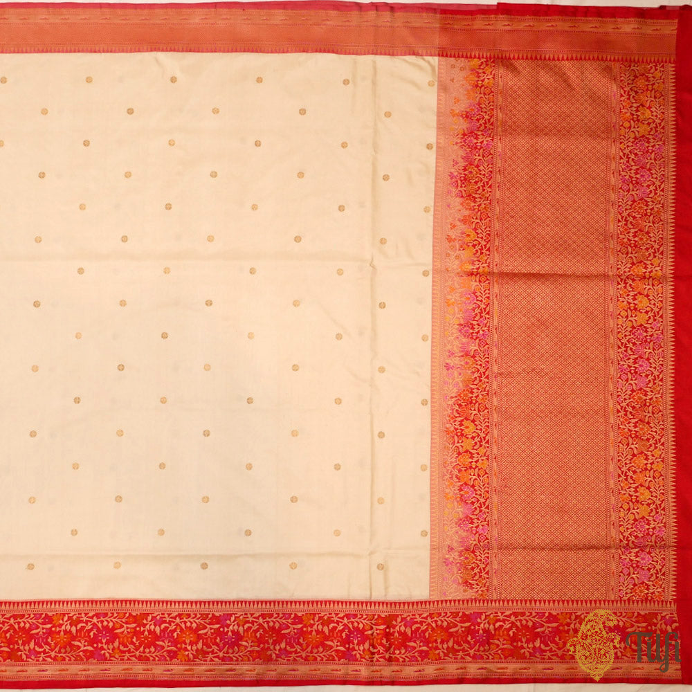 Off-White Red Pure Katan Silk Banarasi Handloom Saree