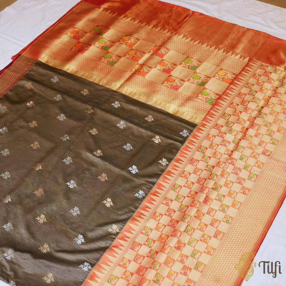 Gray-Red Pure Tussar Silk Banarasi Handloom Saree