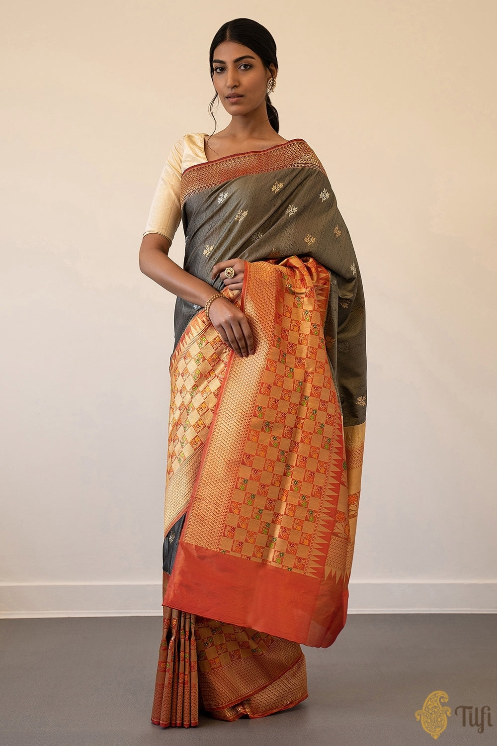 Gray-Red Pure Tussar Silk Banarasi Handloom Saree