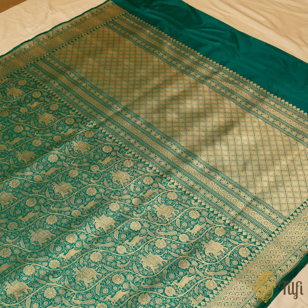 Dark Green-Blue Pure Katan Silk Banarasi Shikargah Handloom Saree