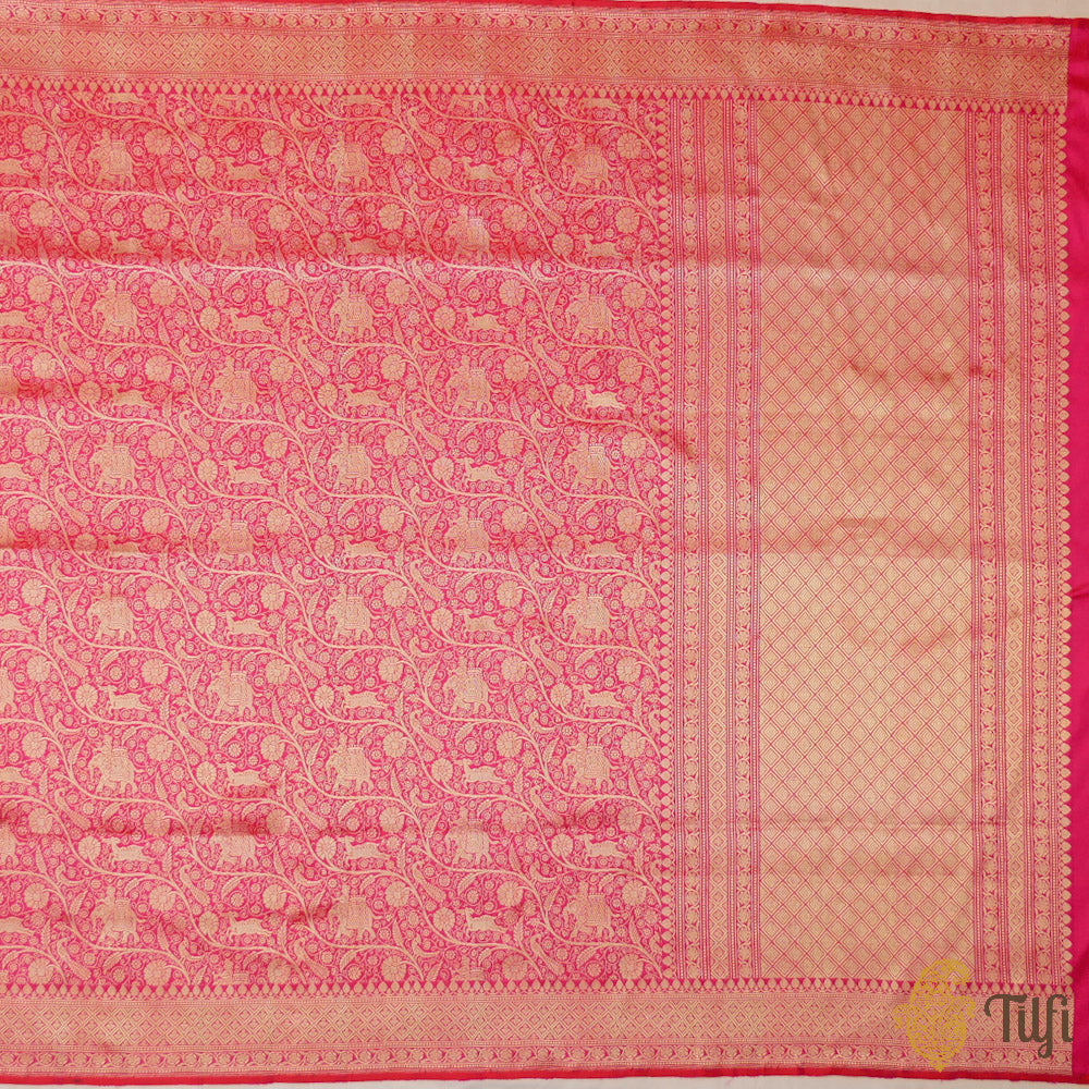 Orange-Rani Pink Pure Katan Silk Banarasi Shikargah Handloom Saree