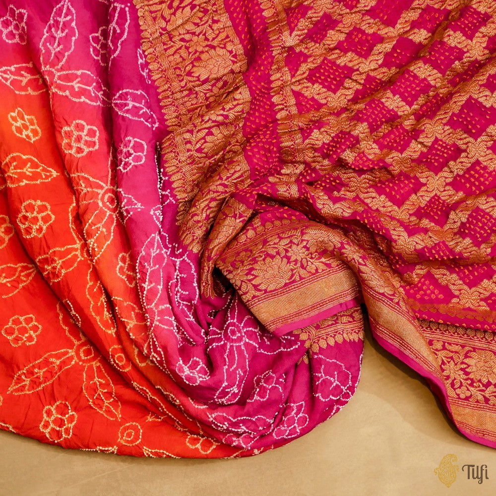 Orange-Rani Pink Pure Georgette Banarasi Bandhani Handloom Saree