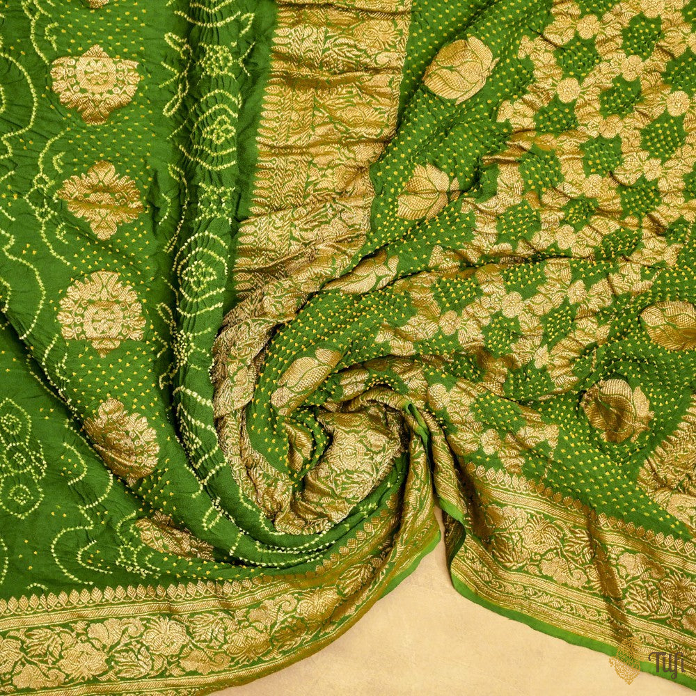 Green Pure Georgette Banarasi Bandhani Handloom Saree