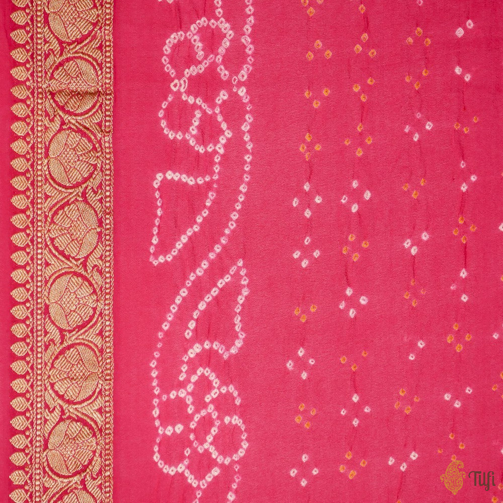 Rani Pink-Strawberry Pink Pure Georgette Banarasi Bandhani Handloom Saree