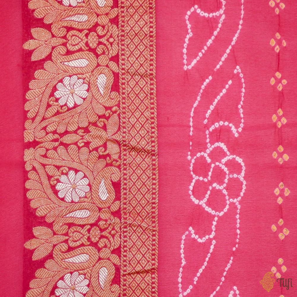 Rani Pink-Strawberry Pure Georgette Banarasi Bandhani Handloom Saree