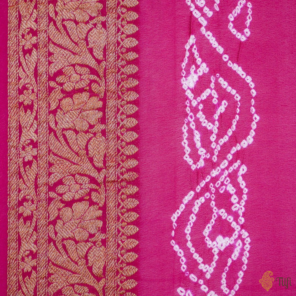 Rani Pink Pure Georgette Banarasi Bandhani Handloom Saree