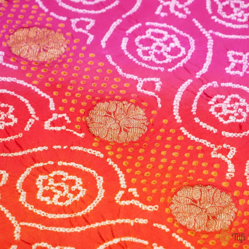 Orange-Rani Pink Pure Georgette Banarasi Bandhani Handloom Saree