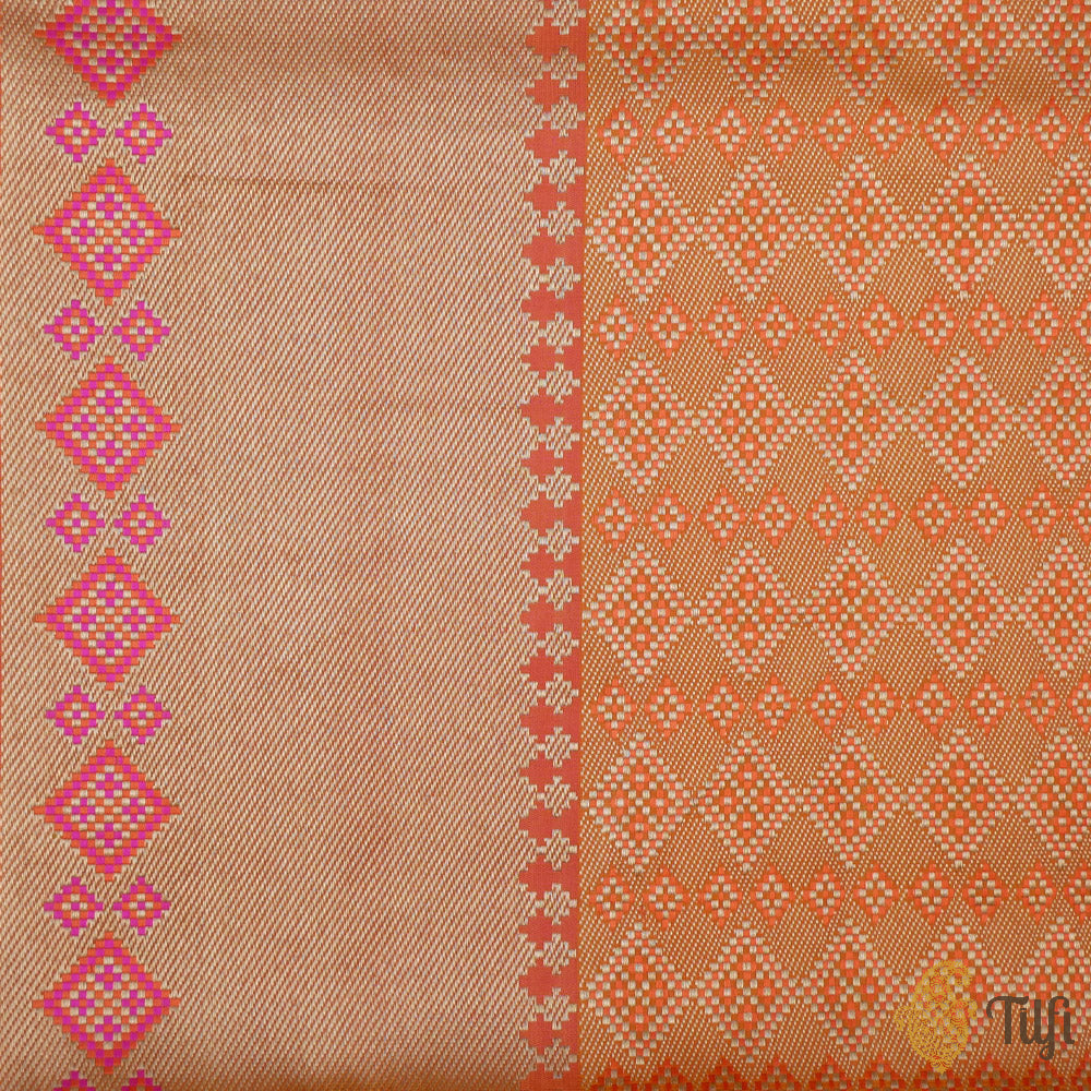 Orange-Pink Pure Soft Satin Silk Banarasi Handloom Saree