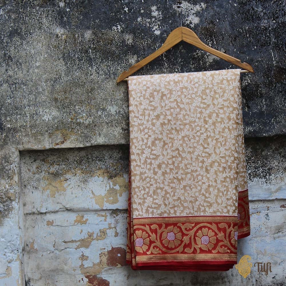 Off-White-Red Pure Kora Silk Handwoven Banarasi Saree