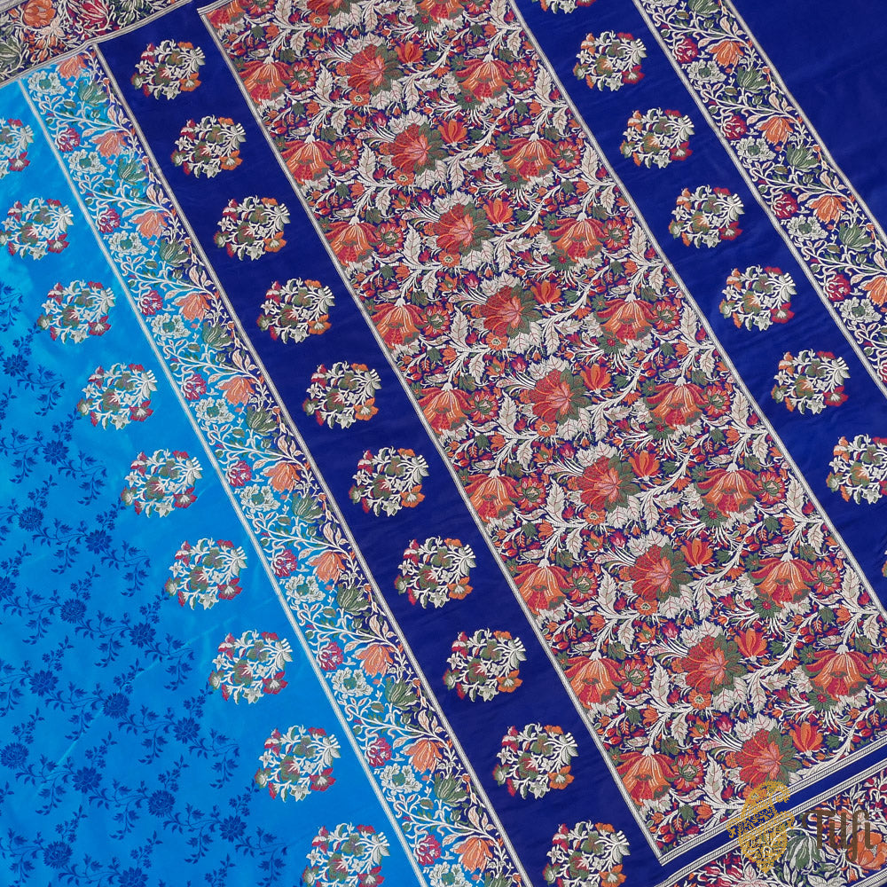 Blue Pure Soft Satin Silk Banarasi Valkalam Handloom Saree
