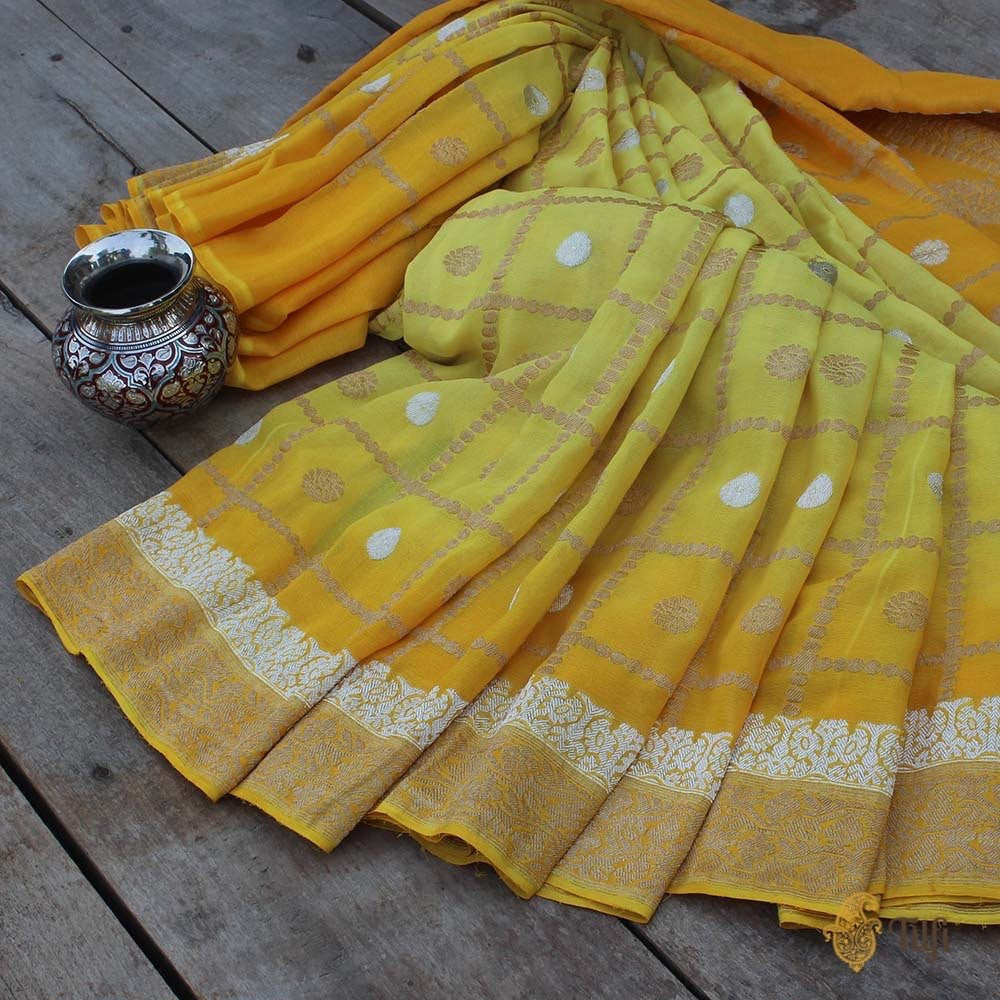 Yellow-Orange Pure Chiffon Georgette Banarasi Handloom Saree