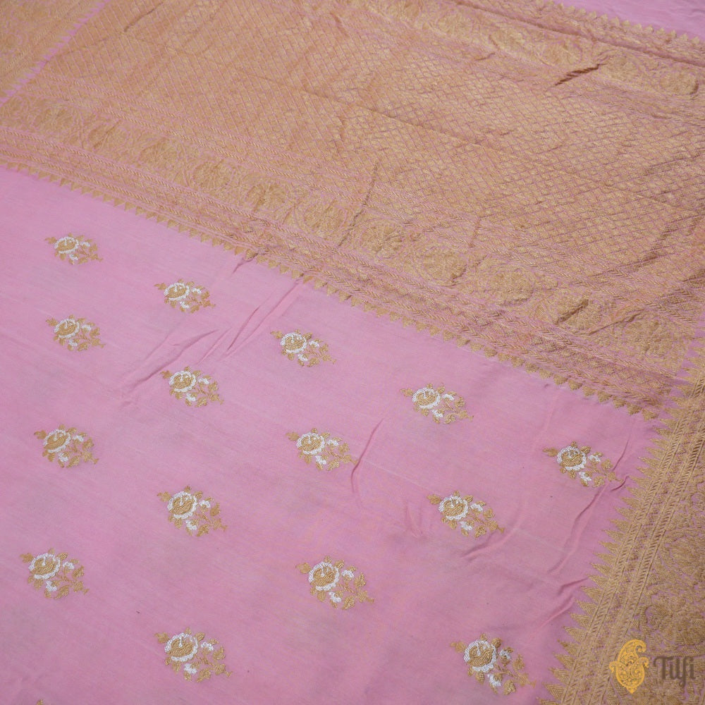 Peach Pink Pure Monga Silk Banarasi Handloom Saree