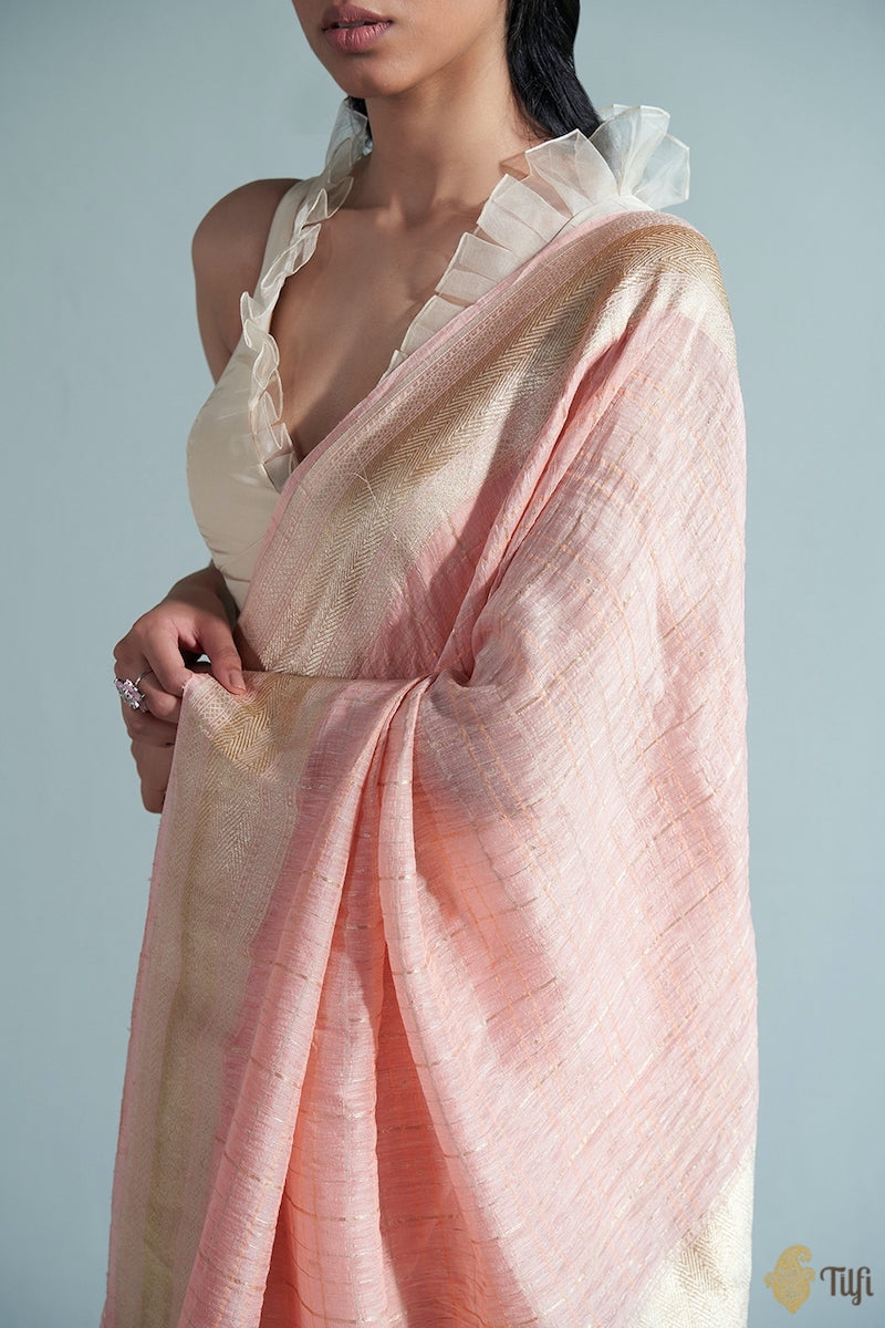 Light Peach Pure Linen Silk Banarasi Handloom Saree