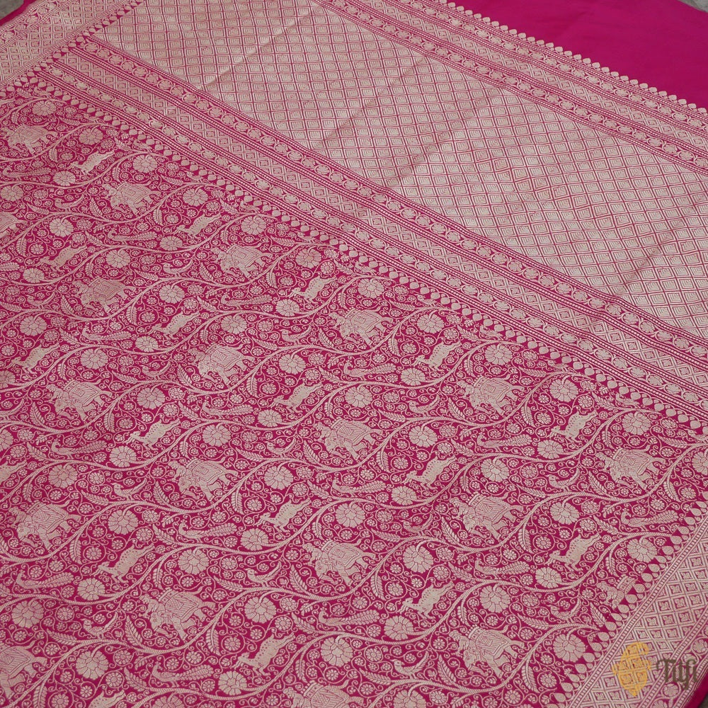 Dark Pink Pure Katan Silk Banarasi Shikargah Handloom Saree
