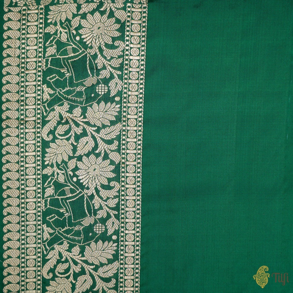 Dark Green Pure Katan Silk Banarasi Shikargah Handloom Saree